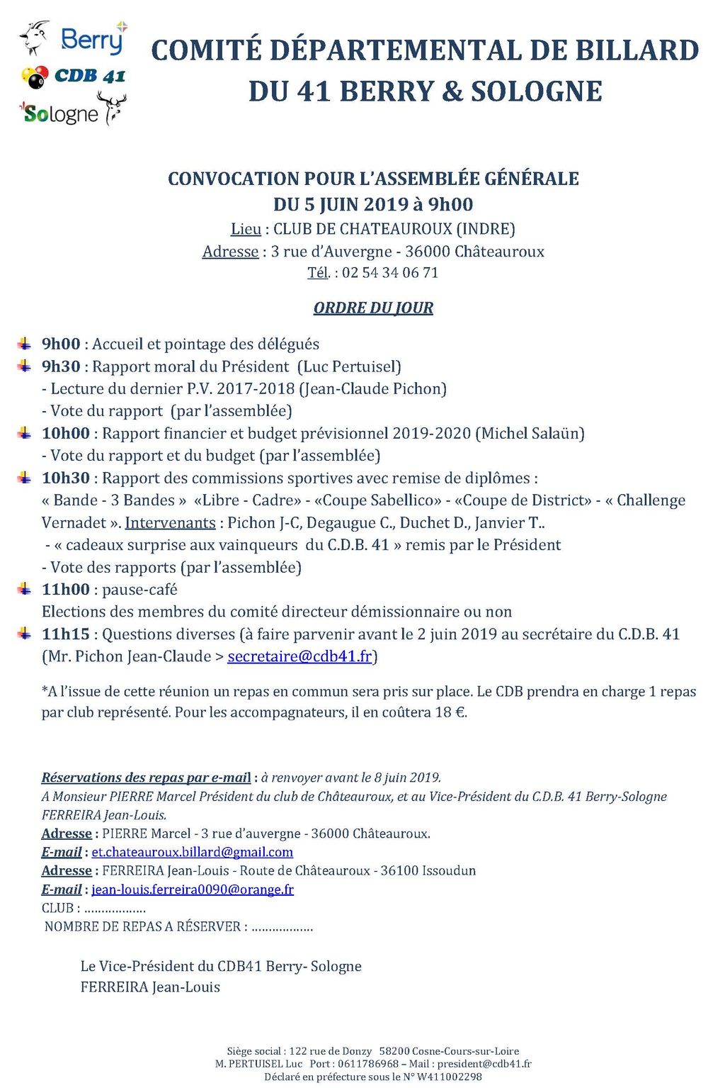 CDB 41 Berry et Sologne Convocation AG du 15 juin 2019