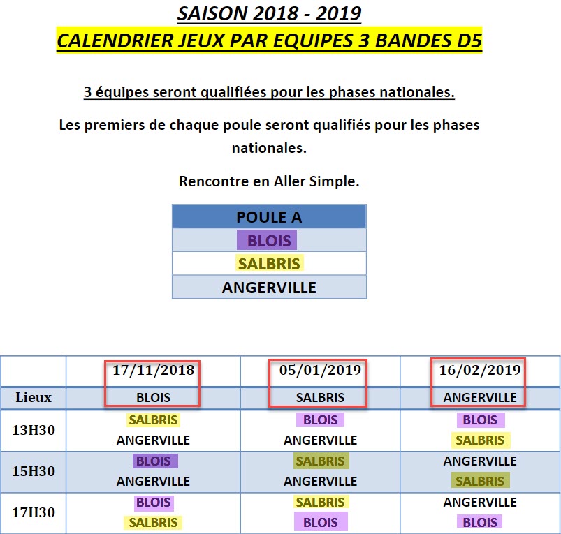 LBCVL 2018 2019 3 Bandes D5 Calendriers Poule A