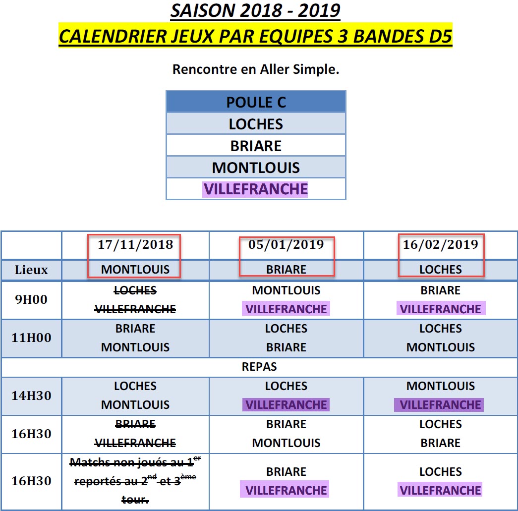LBCVL 2018 2019 3 Bandes D5 Calendriers Poule A