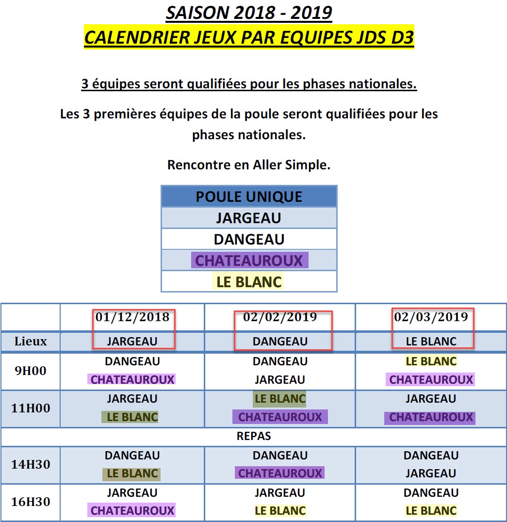 LBCVL 2018 2019 JDS D3 Calendriers Poule unique