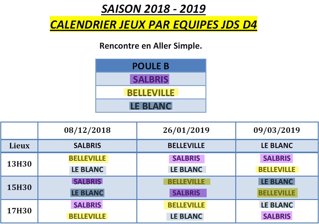 LBCVL 2018 2019 JDS D4 Calendriers Poule A